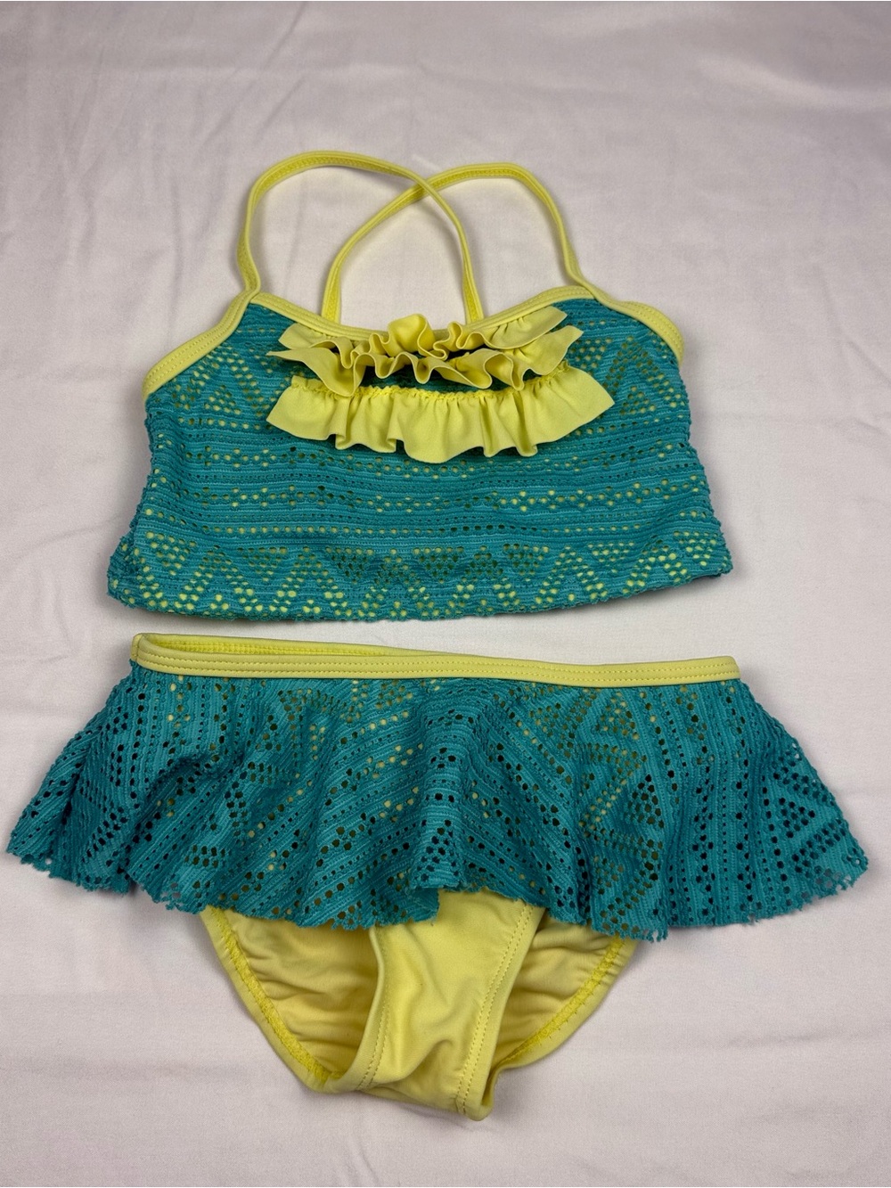 ✨3 for $15 Girls‎ Cherokee Size 2-3Y Teal & Yellow Crochet Overlay Tankini